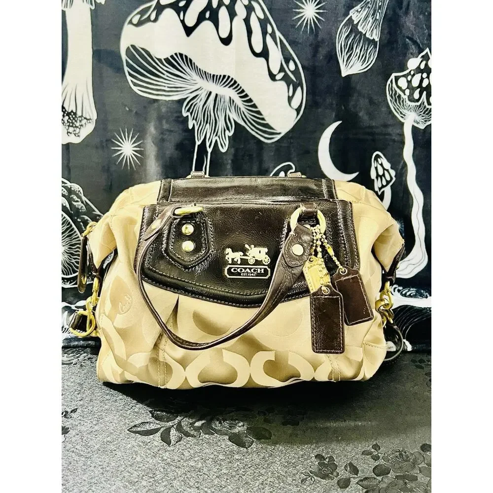 Coach Madison Audrey Op Art Khaki Brown Satchel 14294 Leather Trim Gold